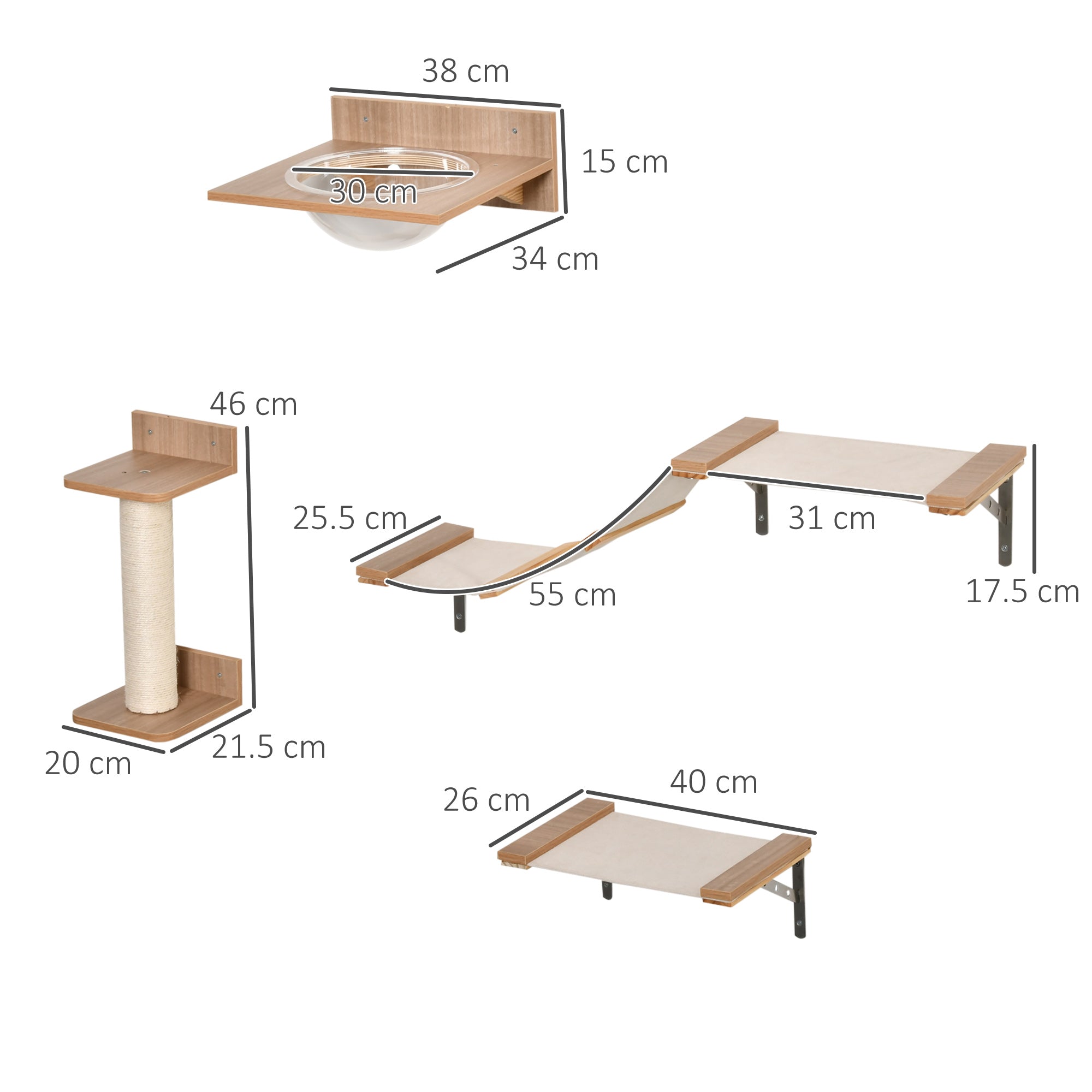 EasyComfort Tiragraffi per Gatti da Parete Set 4 Pezzi con Amache, Tiragraffi a Colonna e Passerella in Legno e Sisal - Marrone