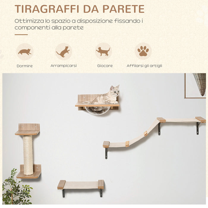 EasyComfort Tiragraffi per Gatti da Parete Set 4 Pezzi con Amache, Tiragraffi a Colonna e Passerella in Legno e Sisal - Marrone