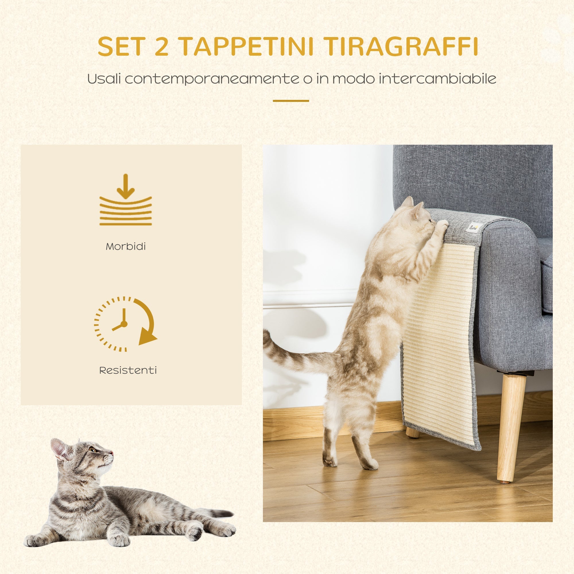 Set 2 Tiragraffi per Gatti 130x45 cm per Divano in Sisal e Poliestere Grigio