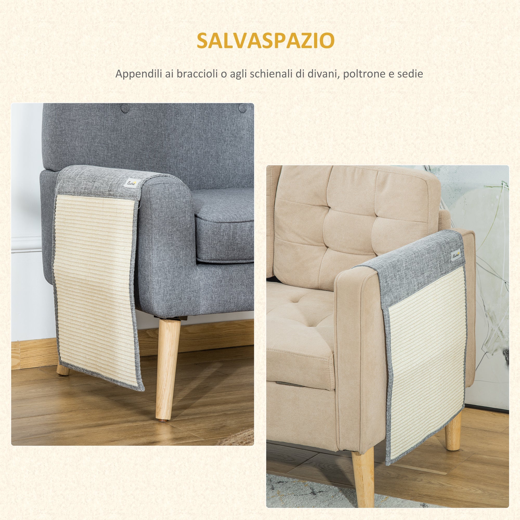 Set 2 Tiragraffi per Gatti 130x45 cm per Divano in Sisal e Poliestere Grigio