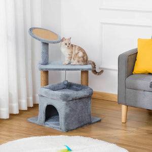 EasyComfort Tiragraffi per Gatti con Pali in Juta, Casetta e Cuscino, Rivestimento Peluche, Altezza 84cm, Grigio