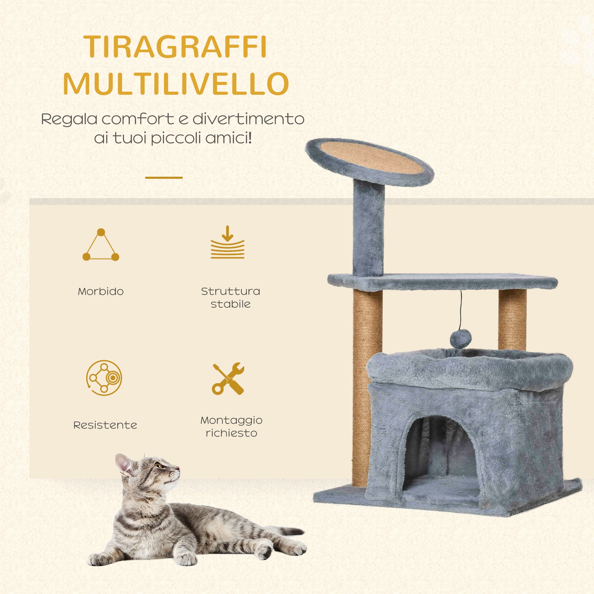 EasyComfort Tiragraffi per Gatti con Pali in Juta, Casetta e Cuscino, Rivestimento Peluche, Altezza 84cm, Grigio