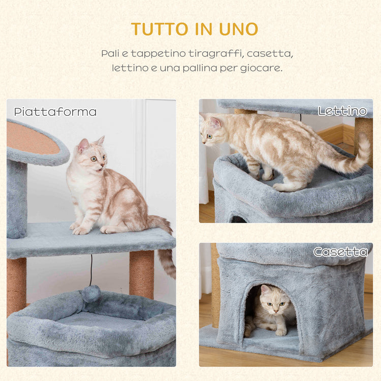 EasyComfort Tiragraffi per Gatti con Pali in Juta, Casetta e Cuscino, Rivestimento Peluche, Altezza 84cm, Grigio