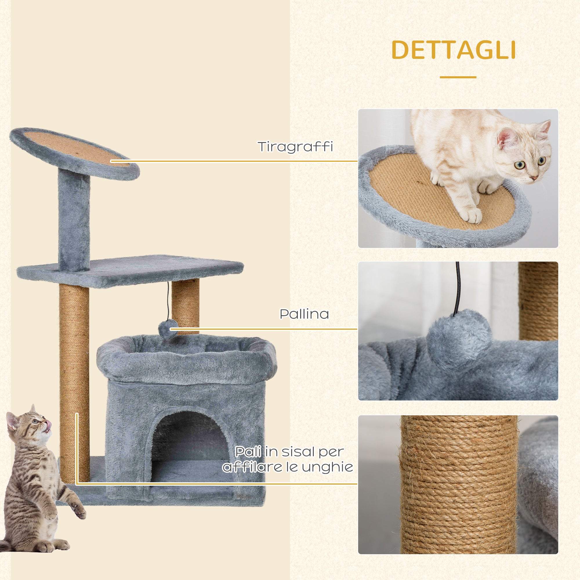 EasyComfort Tiragraffi per Gatti con Pali in Juta, Casetta e Cuscino, Rivestimento Peluche, Altezza 84cm, Grigio