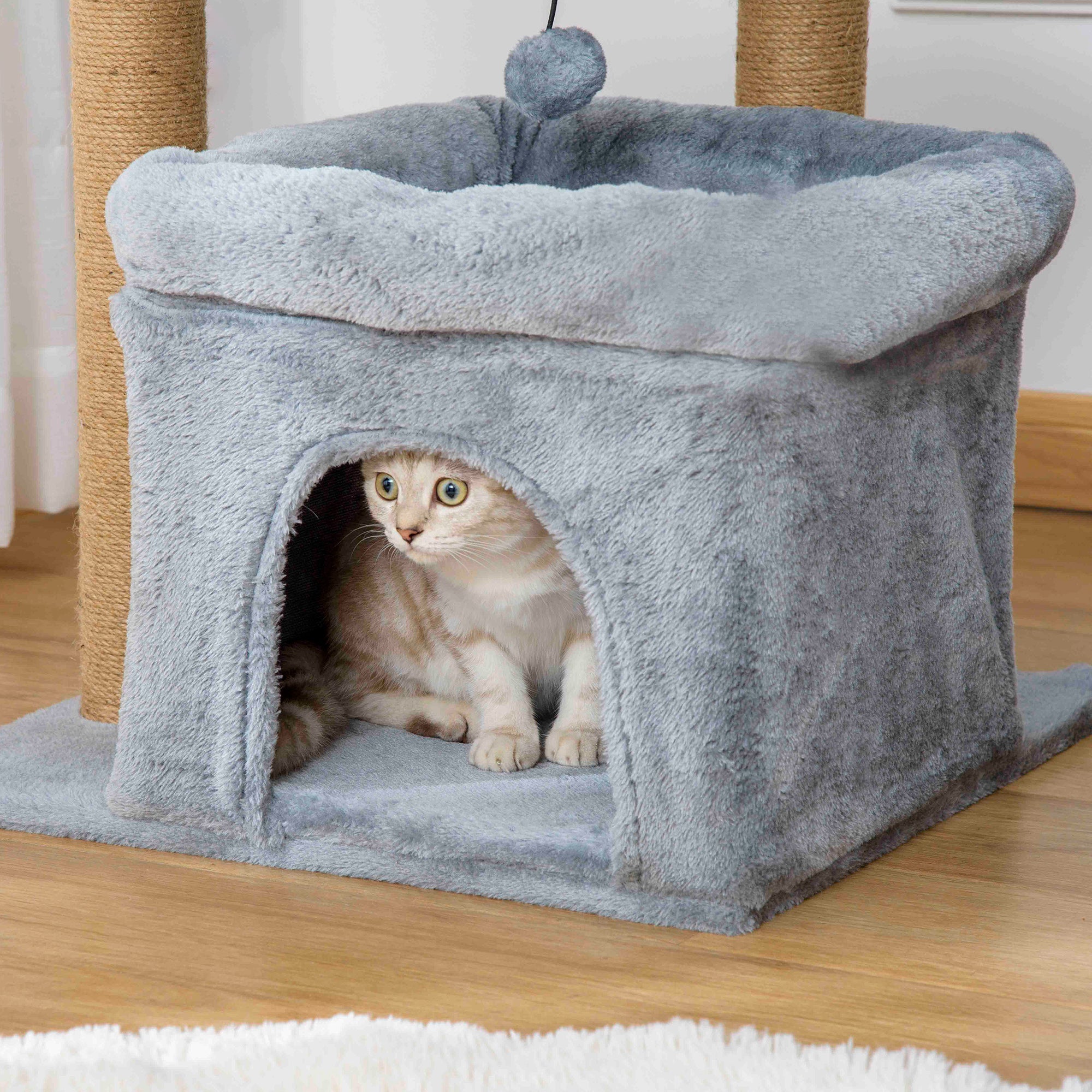 EasyComfort Tiragraffi per Gatti con Pali in Juta, Casetta e Cuscino, Rivestimento Peluche, Altezza 84cm, Grigio