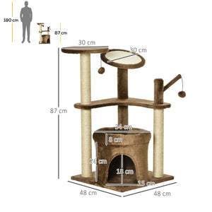 EasyComfort Tiragraffi per Gatti con Pali in Sisal, Casetta e Cuscino, Rivestimento in Peluche, Altezza 87cm