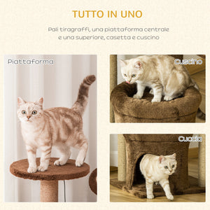 EasyComfort Tiragraffi per Gatti con Pali in Sisal, Casetta e Cuscino, Rivestimento in Peluche, Altezza 87cm