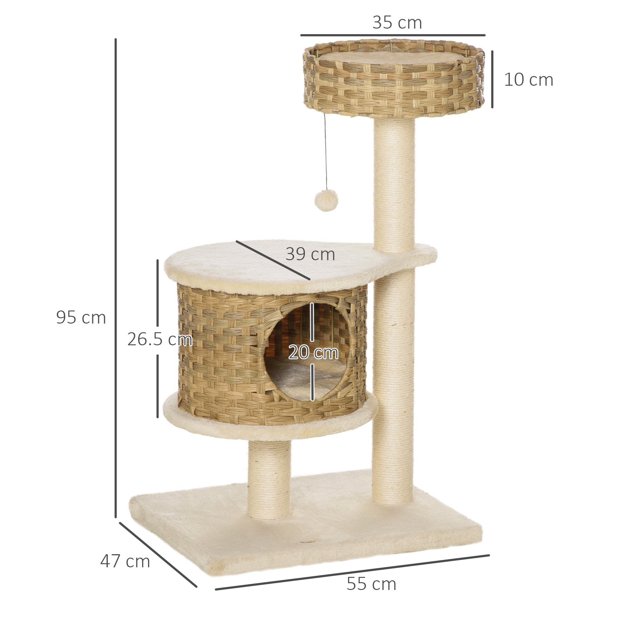 EasyComfort Albero Tiragraffi per Gatti Adulti e Gattini da 95cm Cuccia e Casetta per Gatti in Rattan e Pali in Sisal