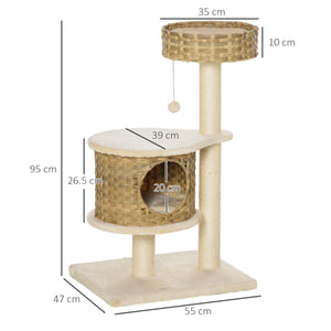 EasyComfort Albero Tiragraffi per Gatti Adulti e Gattini da 95cm Cuccia e Casetta per Gatti in Rattan e Pali in Sisal