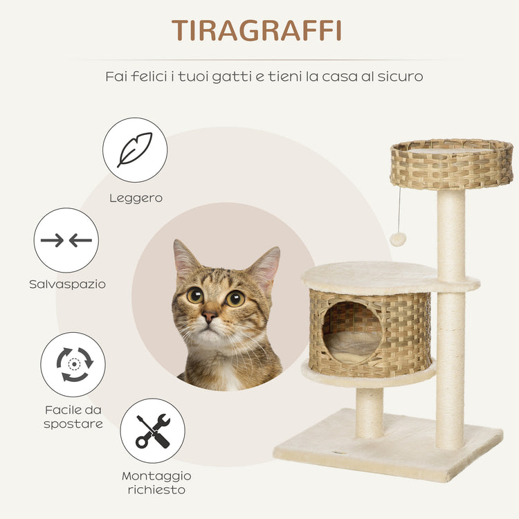 EasyComfort Albero Tiragraffi per Gatti Adulti e Gattini da 95cm Cuccia e Casetta per Gatti in Rattan e Pali in Sisal