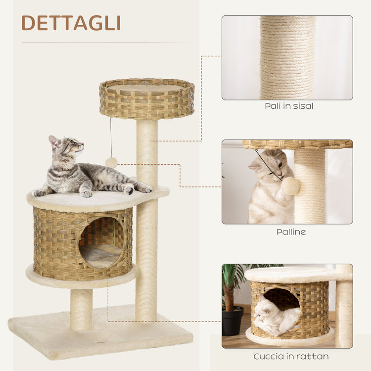 EasyComfort Albero Tiragraffi per Gatti Adulti e Gattini da 95cm Cuccia e Casetta per Gatti in Rattan e Pali in Sisal