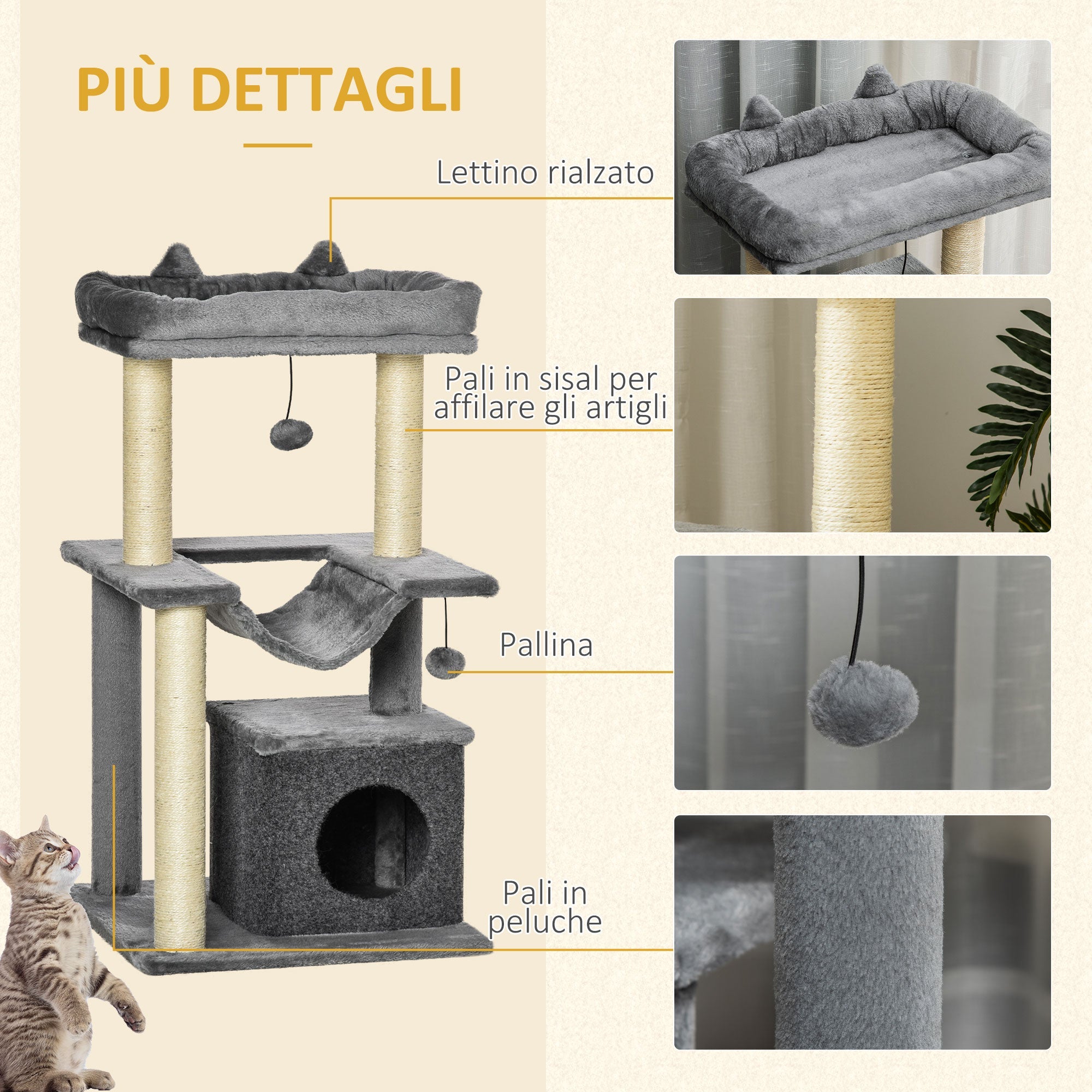 Albero Tiragraffi per Gatti 48x48x100 cm in Corda Sisal Peluche e Feltro Grigio