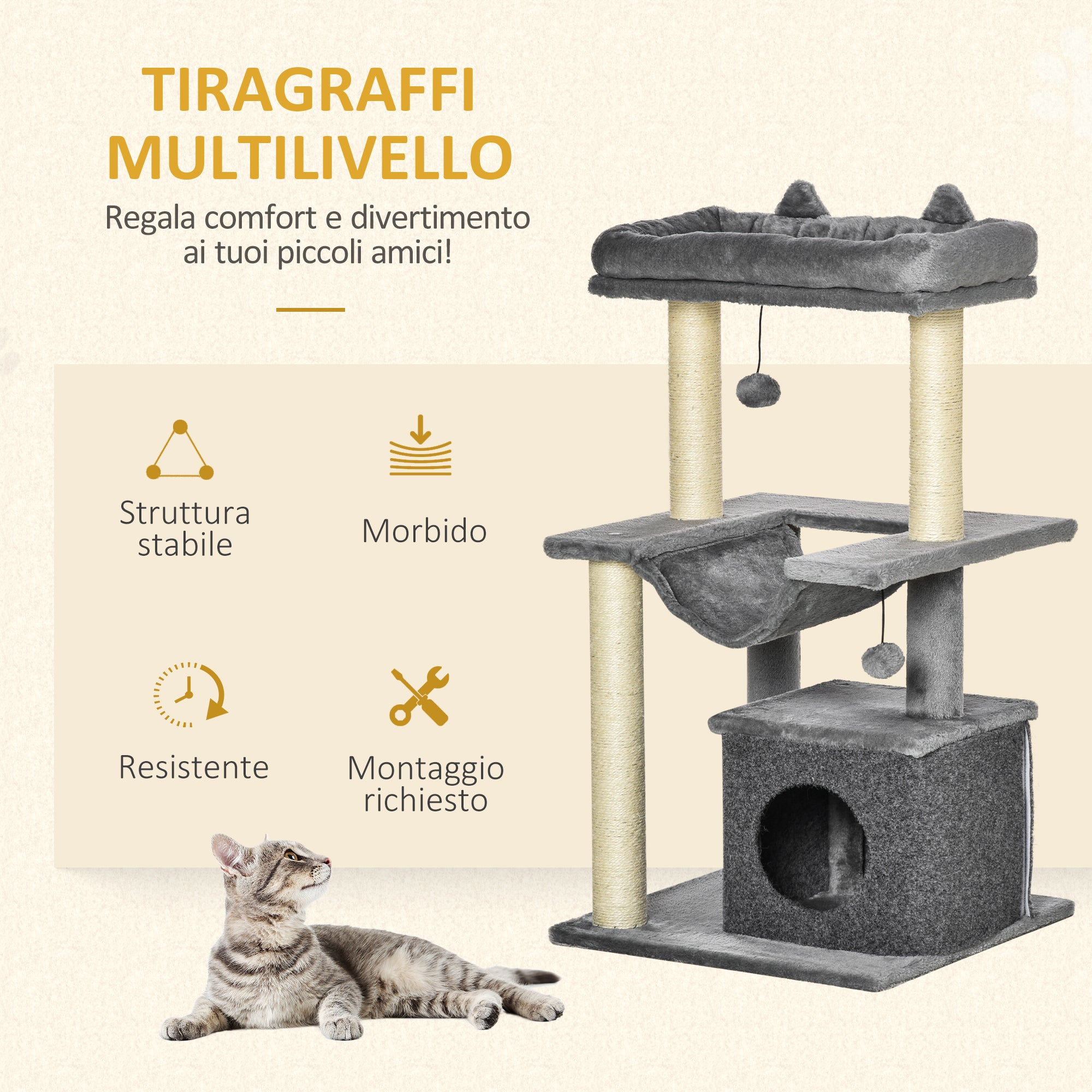 EasyComfort Albero Tiragraffi con Corde Sisal, Casetta e Amaca, Rivestimento Peluche e Feltro, Altezza 100cm, Grigio