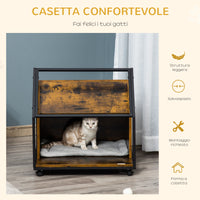 EasyComfort Cuccia per Gatti da Interno con Cuscino Lavabile, Casetta per Gatti in Legno e Acciaio Stile Industriale con 4 Ruote - Marrone Rustico