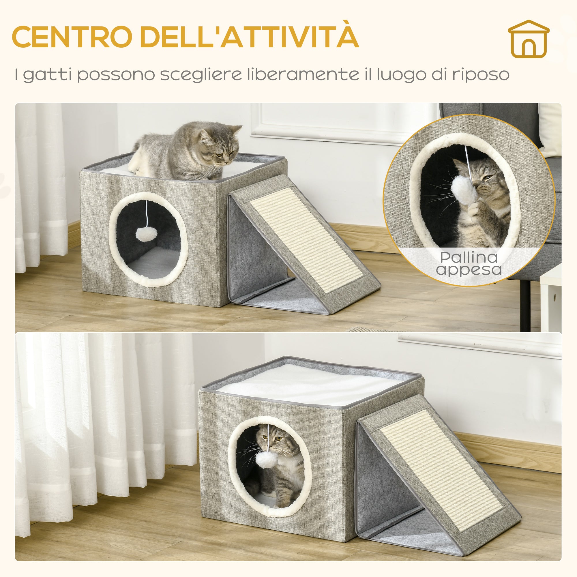 EasyComfort Cuccia per Gatti Pieghevole e Portatile, Casetta per Gatti con Pannello Tiragraffi, 2 Cuscini e Pallina, in Peluche e Tessuto Grigio