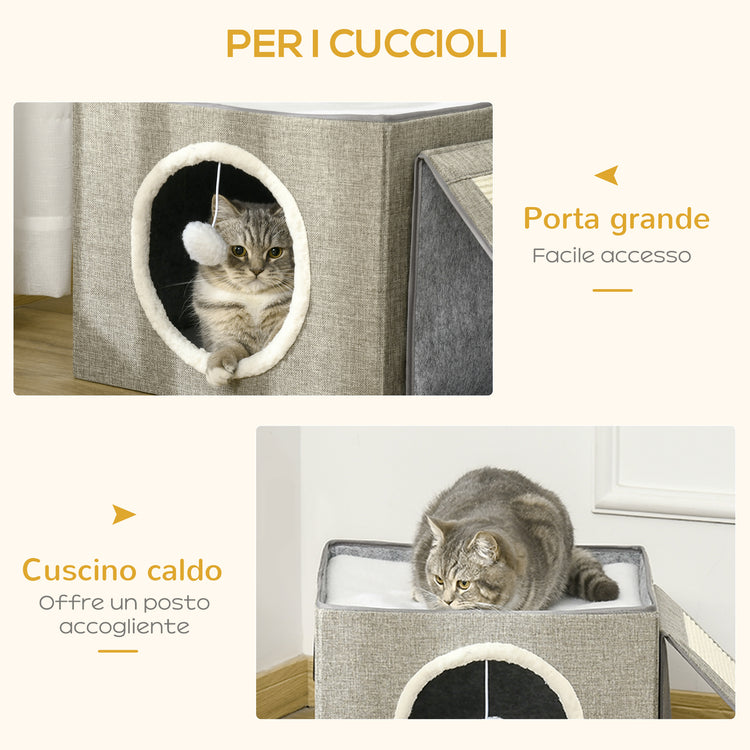 EasyComfort Cuccia per Gatti Pieghevole e Portatile, Casetta per Gatti con Pannello Tiragraffi, 2 Cuscini e Pallina, in Peluche e Tessuto Grigio