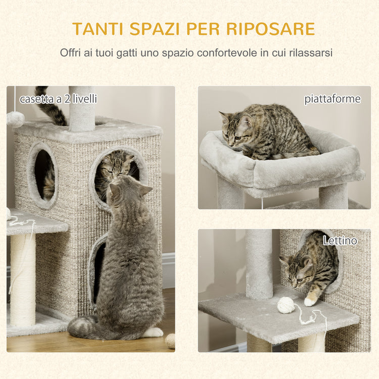 EasyComfort Tiragraffi per Gatti da 5kg max con Lettino e Pallina da Gioco, in Truciolato, Peluche e Sisal, 60x40x91 cm