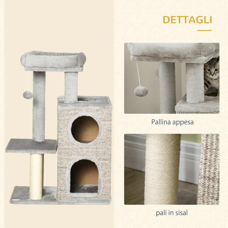 EasyComfort Tiragraffi per Gatti da 5kg max con Lettino e Pallina da Gioco, in Truciolato, Peluche e Sisal, 60x40x91 cm