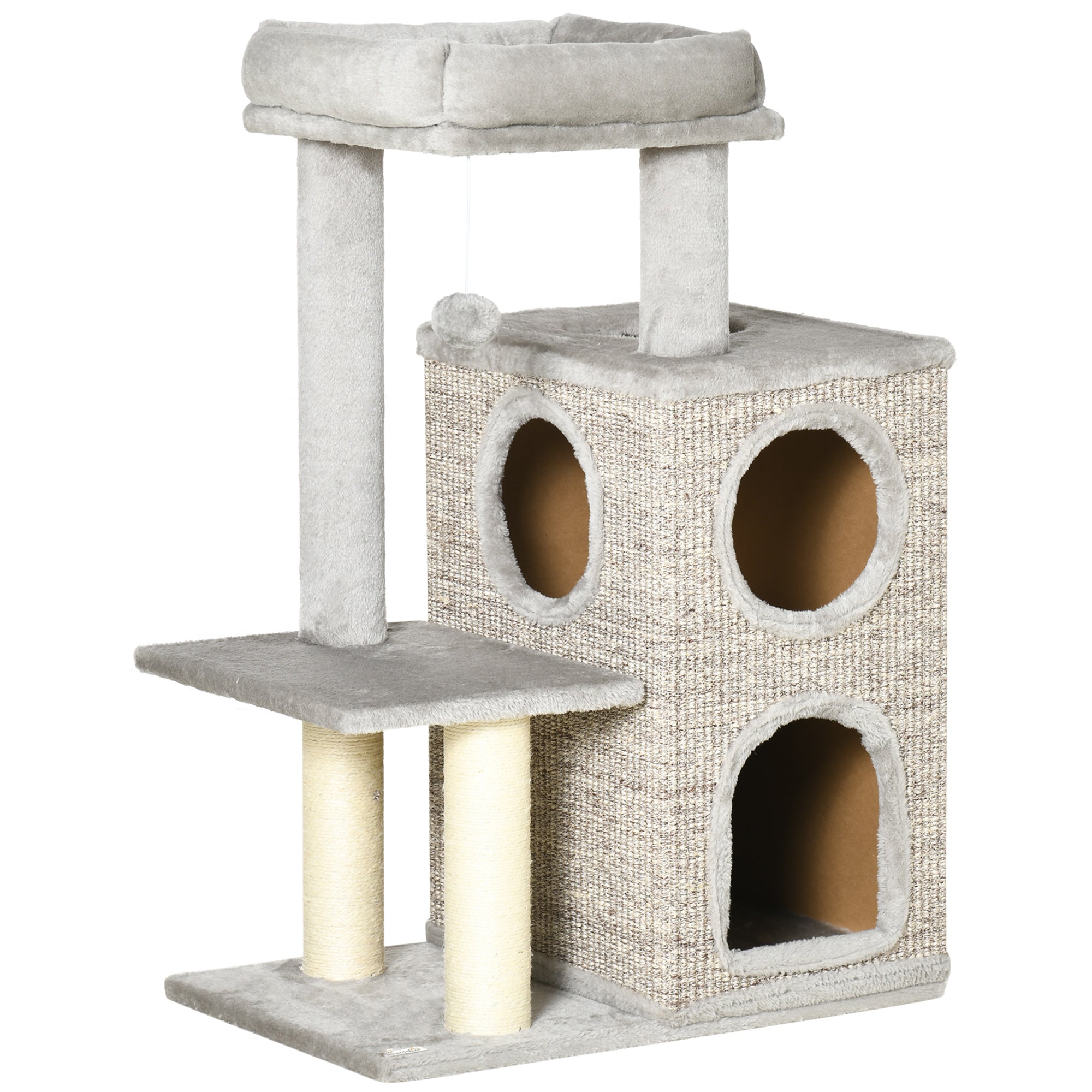 EasyComfort Tiragraffi per Gatti da 5kg max con Lettino e Pallina da Gioco, in Truciolato, Peluche e Sisal, 60x40x91 cm