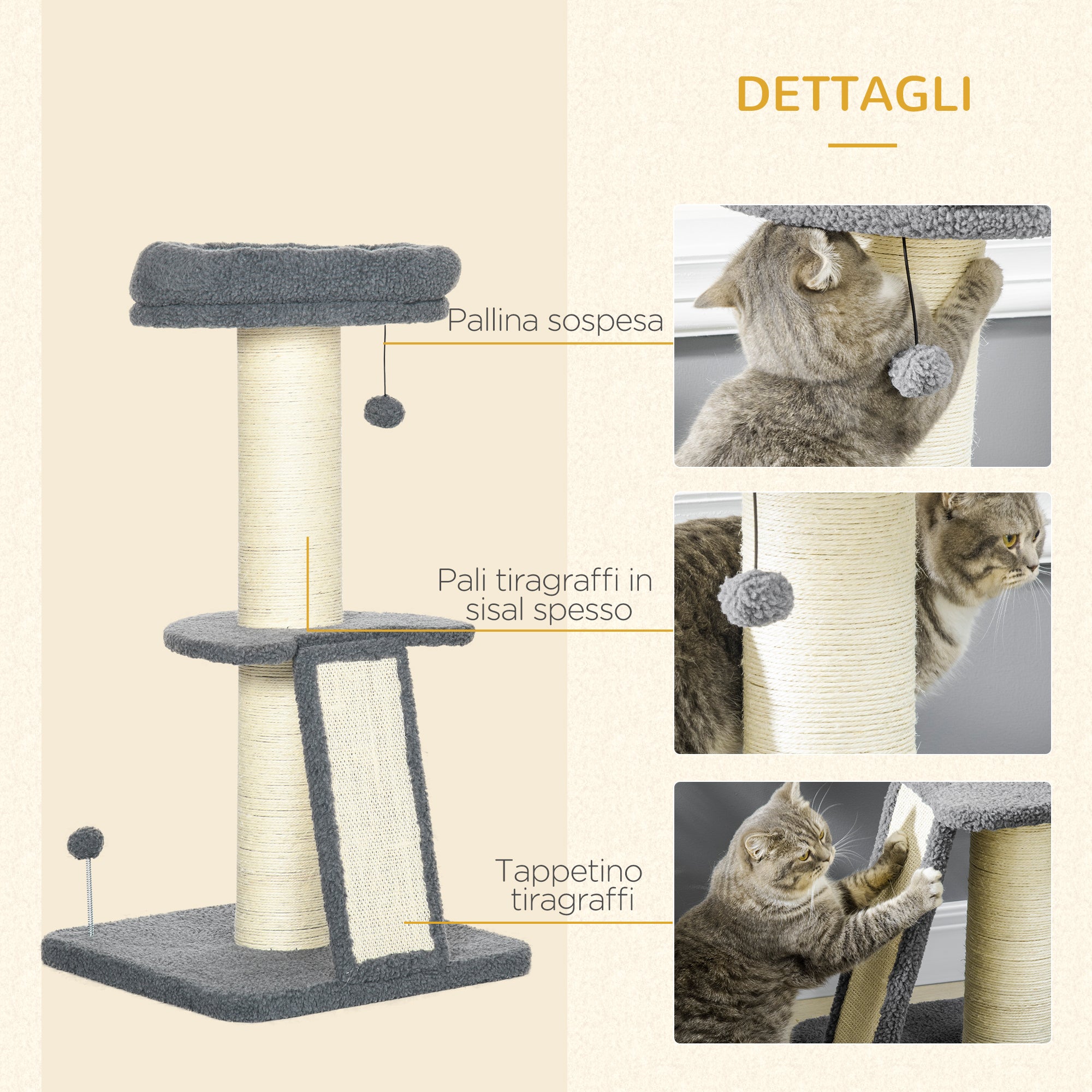 EasyComfort Torre per Gatti Tiragraffi con Palline e Posatoi, in Truciolato, Sisal e Finto Vello d'Agnello, 48x48x92 cm