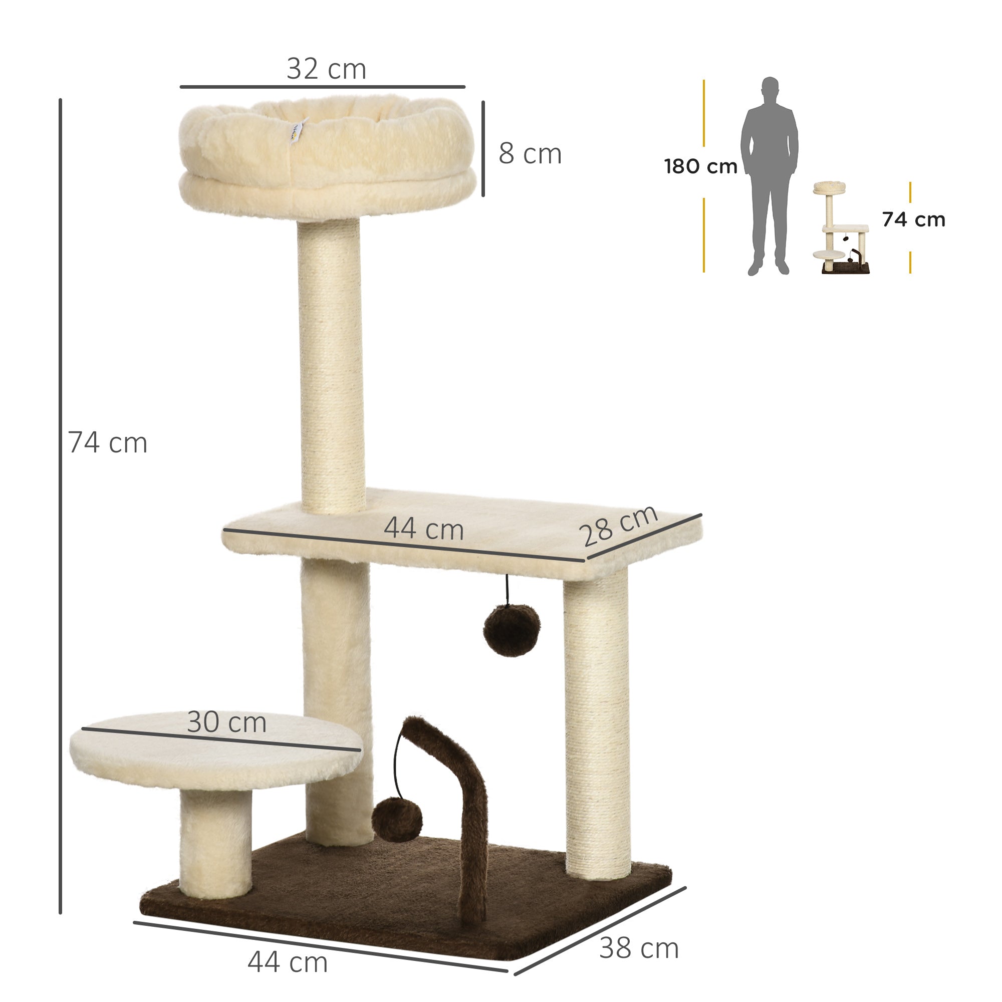 EasyComfort Albero Tiragraffi per Gatti con Palo in Sisal, Posatoio e Palline da Gioco, in Truciolato e Peluche, 44x38x74 cm