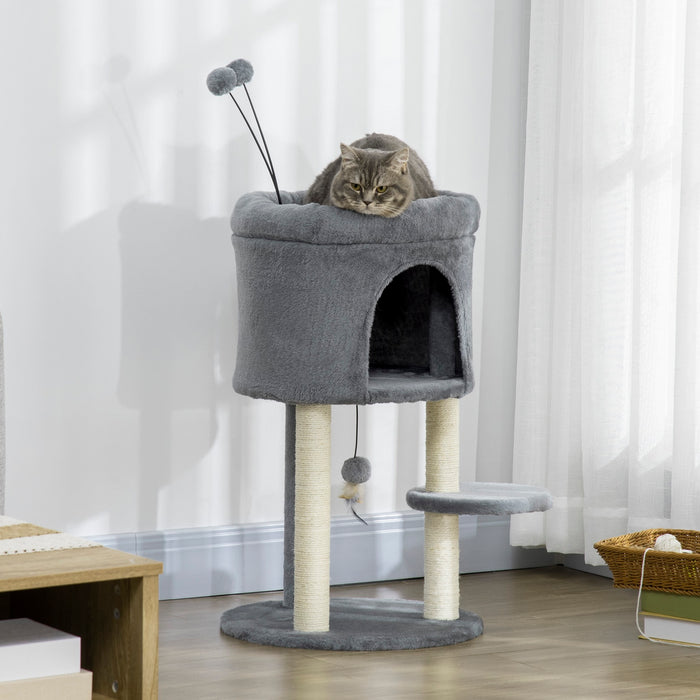 EasyComfort Albero Tiragraffi per Gatti con Casetta e Lettino, Pali in Sisal e Palline, 44.5x44.5x73.5cm, Grigio