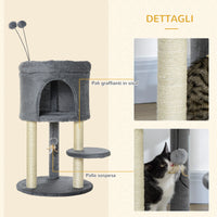 EasyComfort Albero Tiragraffi per Gatti con Casetta e Lettino, Pali in Sisal e Palline, 44.5x44.5x73.5cm, Grigio