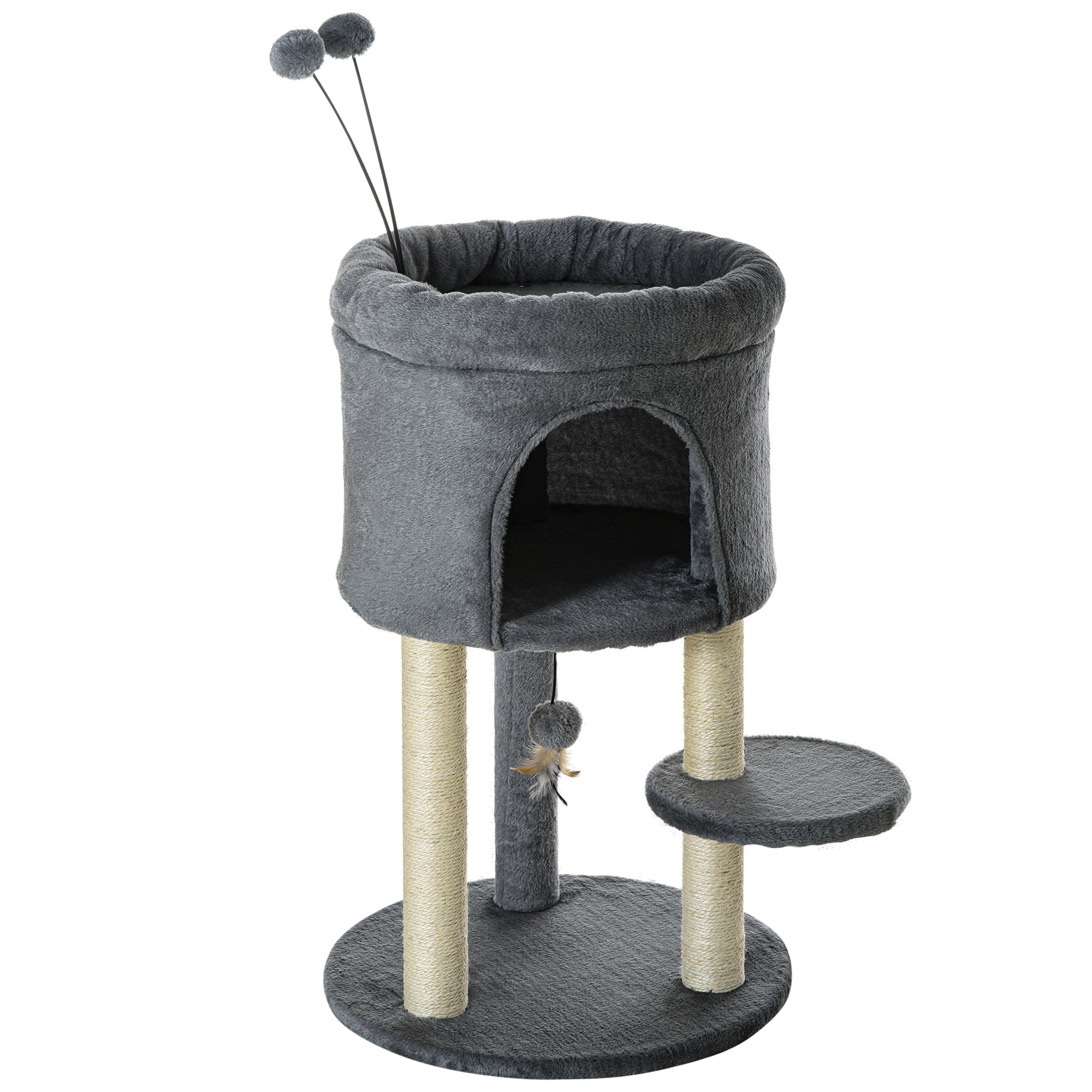 EasyComfort Albero Tiragraffi per Gatti con Casetta e Lettino, Pali in Sisal e Palline, 44.5x44.5x73.5cm, Grigio