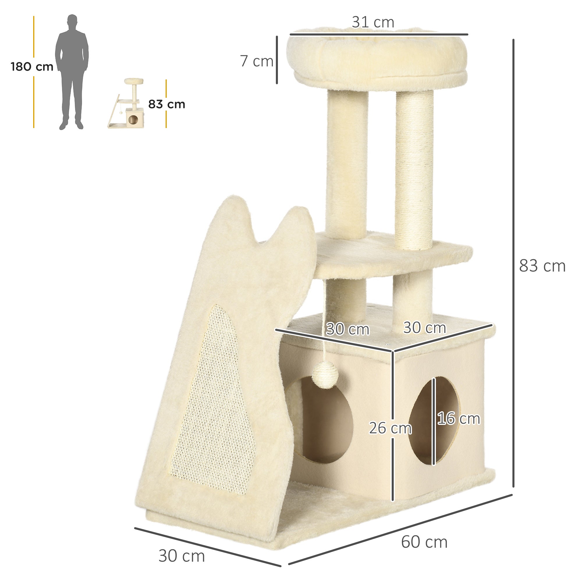 EasyComfort Albero Tiragraffi per Gatti con Tappetino e Pali in Sisal, Casetta Sfoderabile e Lettino, 60x30x83cm, Beige