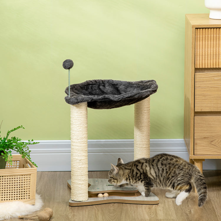 EasyComfort Tiragraffi per Gatti con Amaca in Peluche, Base in Legno con Gioco e Pali in Sisal, 53.55x53.5x66cm, Grigio