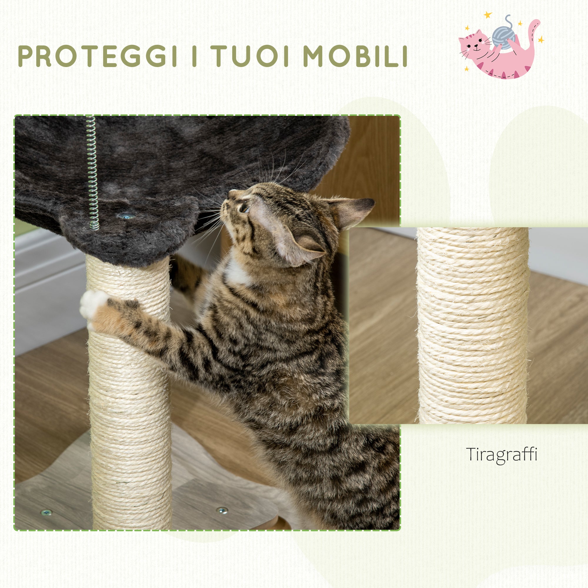 EasyComfort Tiragraffi per Gatti con Amaca in Peluche, Base in Legno con Gioco e Pali in Sisal, 53.55x53.5x66cm, Grigio