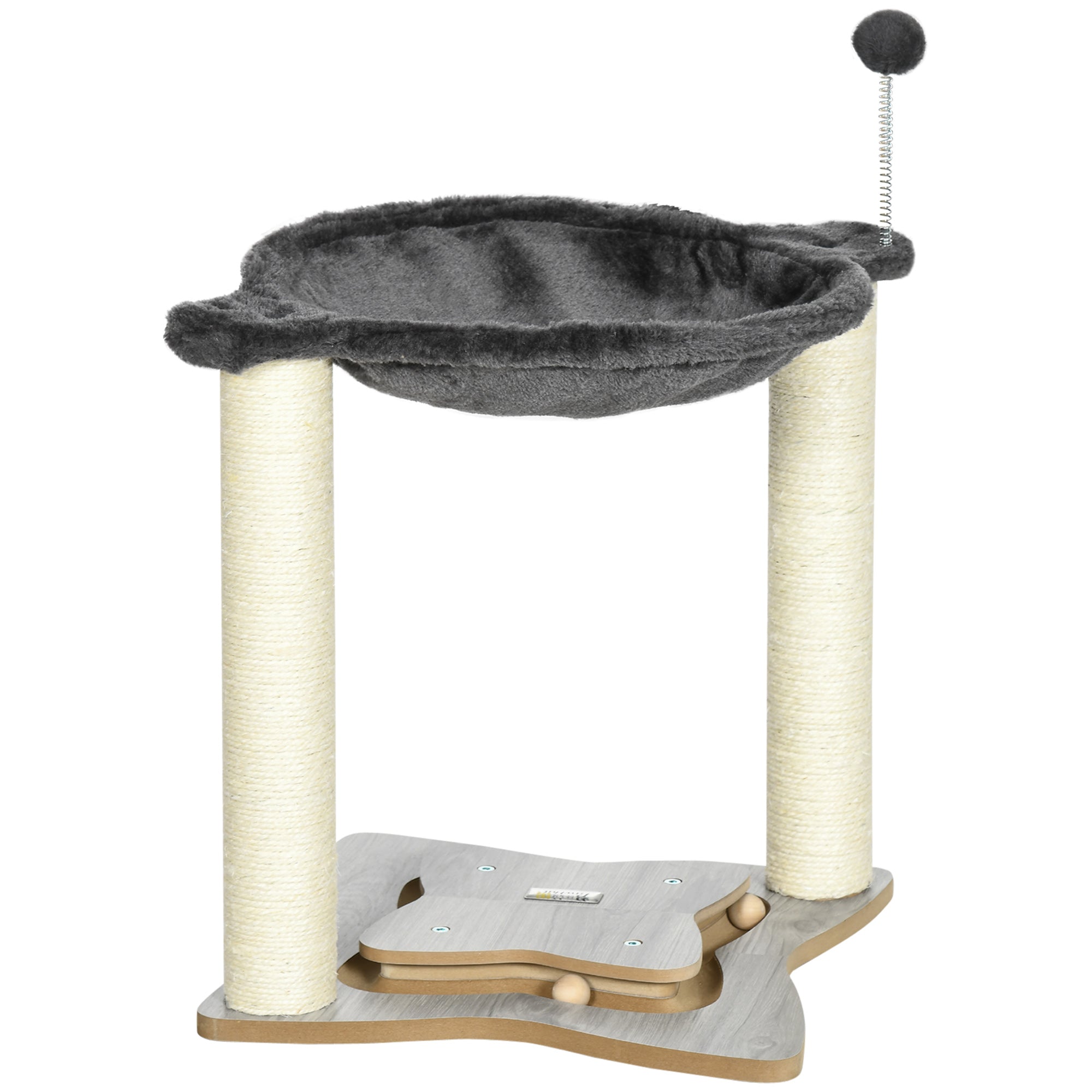 EasyComfort Tiragraffi per Gatti con Amaca in Peluche, Base in Legno con Gioco e Pali in Sisal, 53.55x53.5x66cm, Grigio