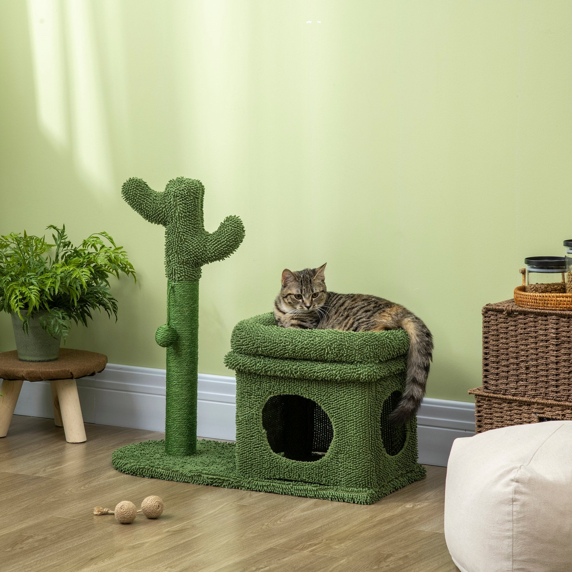 EasyComfort Tiragraffi per Gatti con Lettino, Casetta e Palo in Sisal a Forma di Cactus, 68x30x67cm, Verde