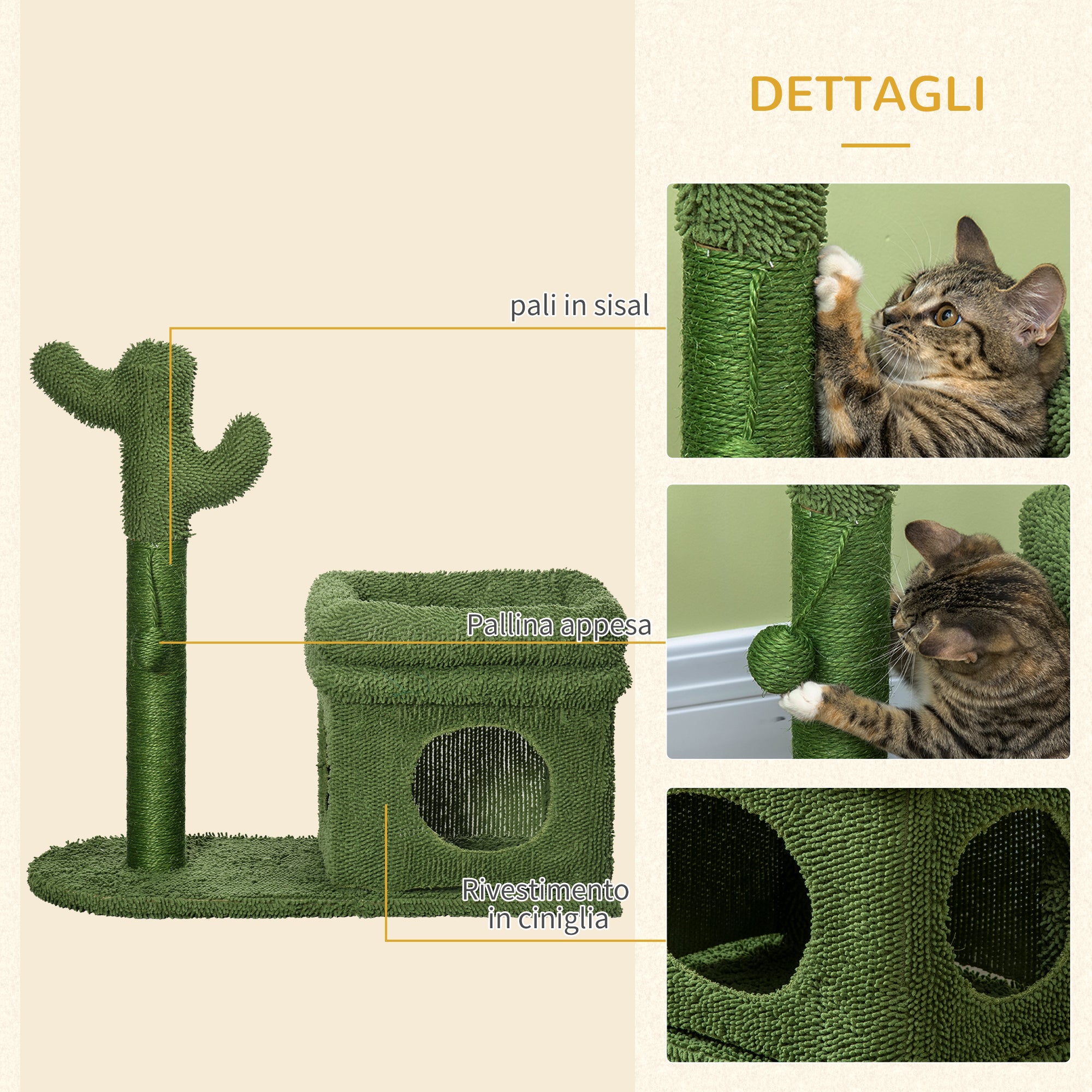 EasyComfort Tiragraffi per Gatti con Lettino, Casetta e Palo in Sisal a Forma di Cactus, 68x30x67cm, Verde