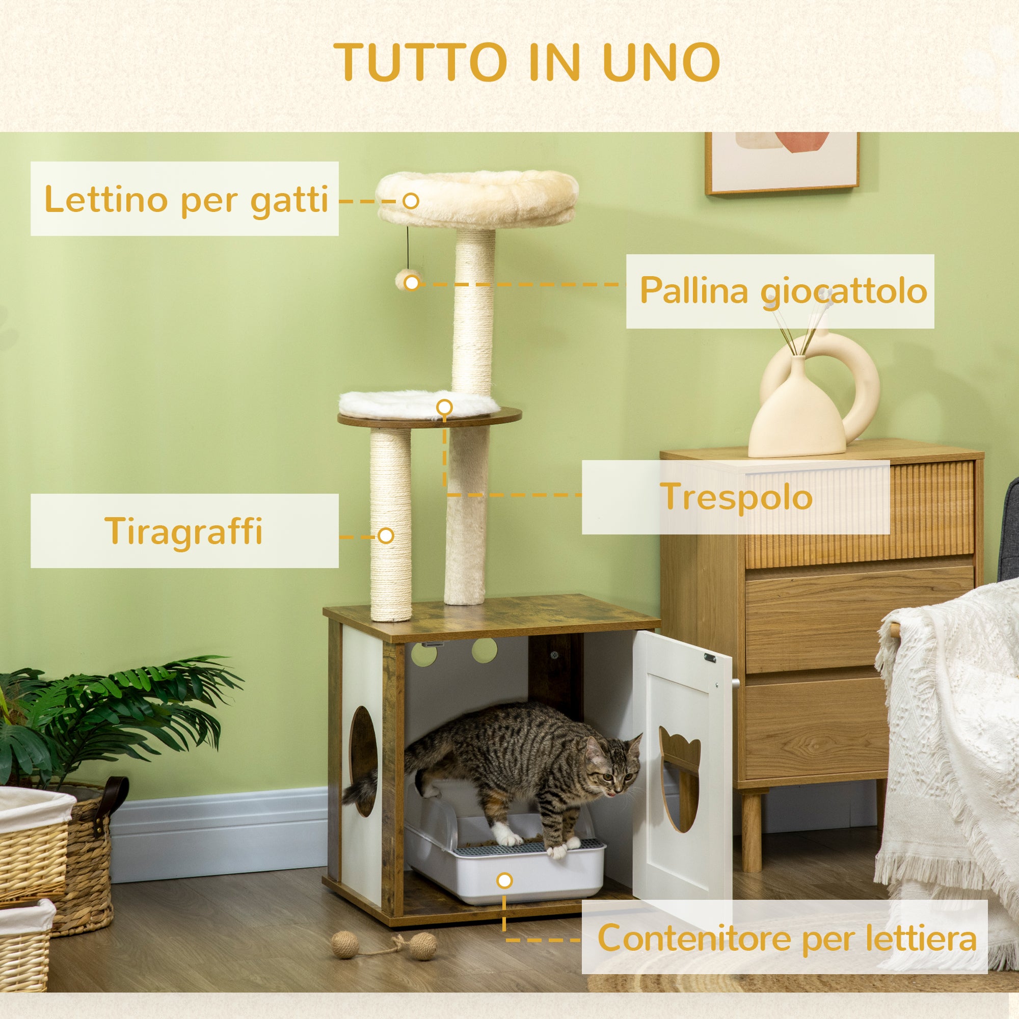 EasyComfort Tiragraffi per Gatti con Mobile Porta Lettiera, Posatoi e Pallina da Gioco, 49x46x131.5 cm, Marrone