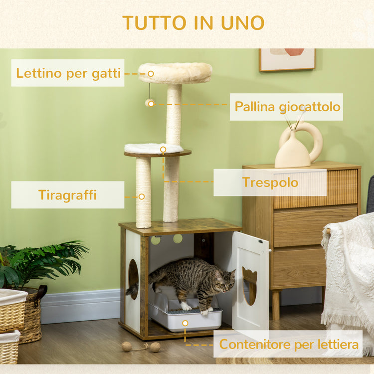 EasyComfort Tiragraffi per Gatti con Mobile Porta Lettiera, Posatoi e Pallina da Gioco, 49x46x131.5 cm, Marrone