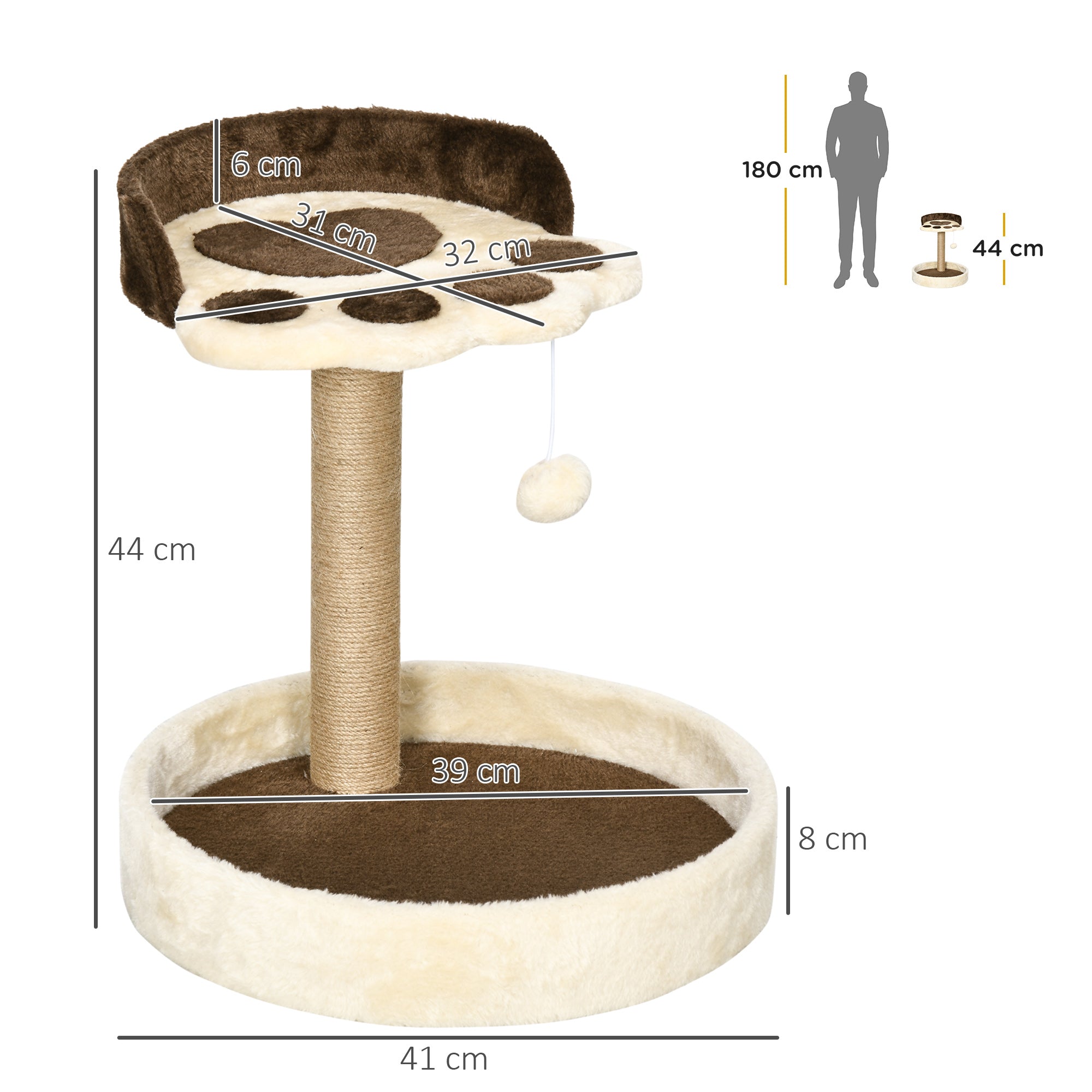 EasyComfort Tiragraffi per Gatti da 5kg max con Lettino e Pallina da Gioco, in Truciolato, Peluche e Corda di Juta, 41x41x44 cm