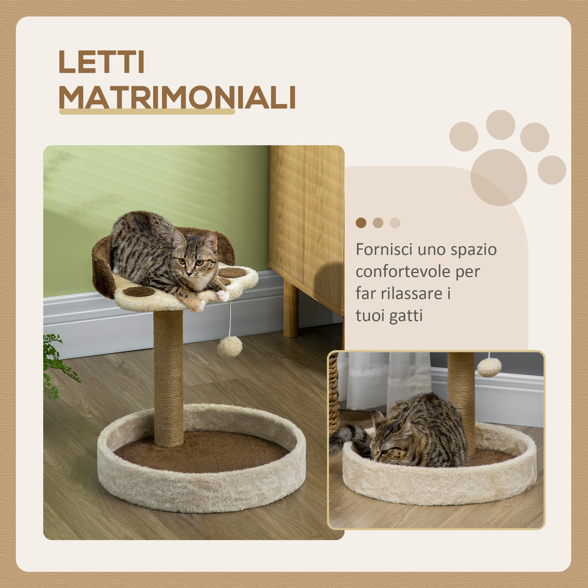 EasyComfort Tiragraffi per Gatti da 5kg max con Lettino e Pallina da Gioco, in Truciolato, Peluche e Corda di Juta, 41x41x44 cm