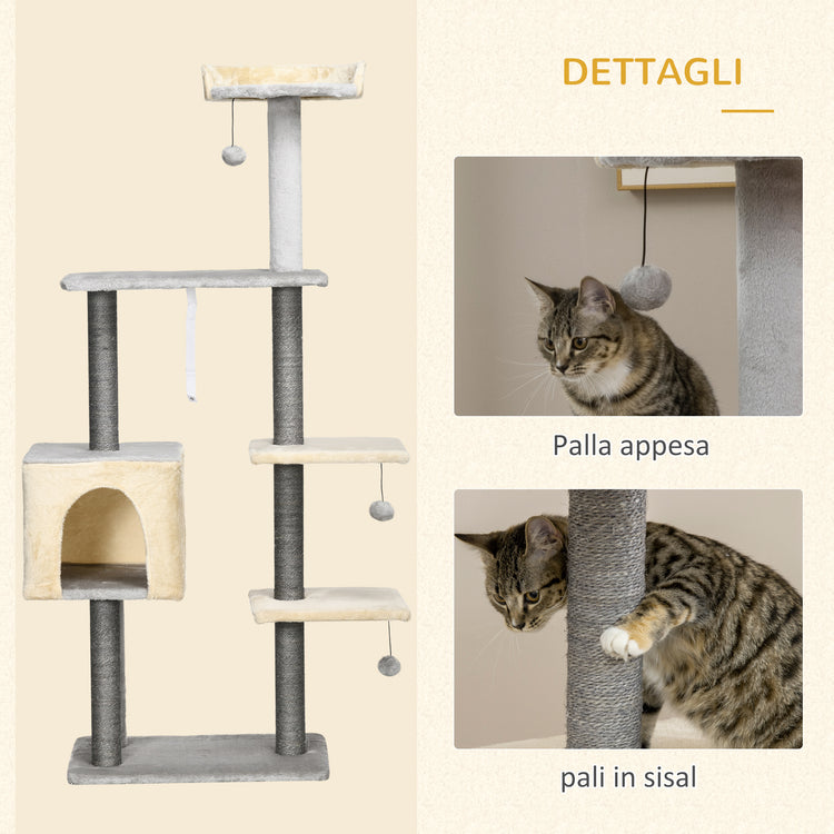 EasyComfort Tiragraffi per Gatti Alto 156cm con Lettino, Casetta e Pali Tiragraffi in Sisal