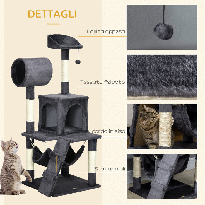 EasyComfort Albero per Gatti con Tiragraffi per Gatti, Casetta per Gatti, Amaca, Letto, Tunnel e Pallina, 48x48 x125 cm, Grigio Scuro