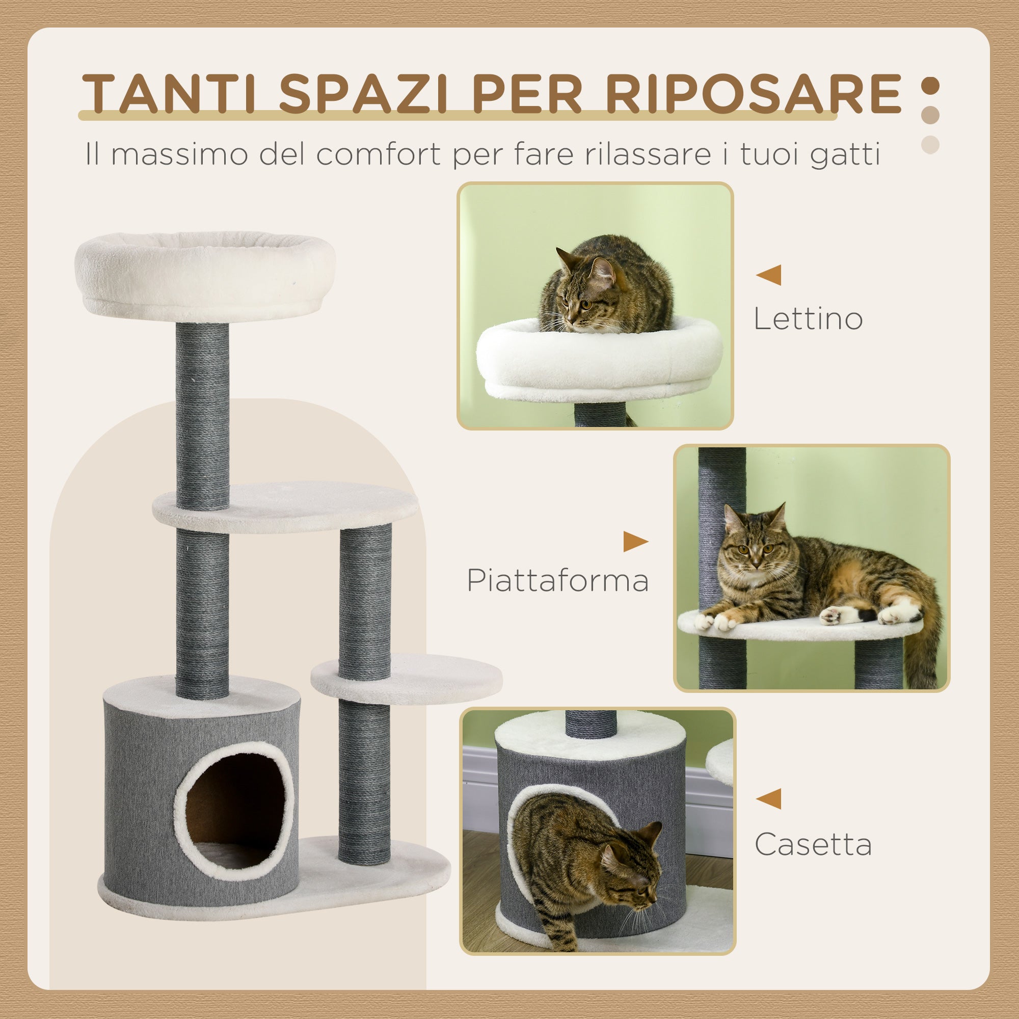 Easycomfort Albero per Gatti con Lettino, Casetta e Tiragraffi, 55.5x30.5x98 cm, Bianco