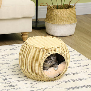 EasyComfort Casetta per Gatti a 2 Livelli in Rattan PE con Cuscino Lavabile, Ø40x30 cm, Beige