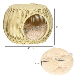 EasyComfort Casetta per Gatti a 2 Livelli in Rattan PE con Cuscino Lavabile, Ø40x30 cm, Beige