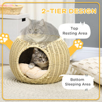 EasyComfort Casetta per Gatti a 2 Livelli in Rattan PE con Cuscino Lavabile, Ø40x30 cm, Beige