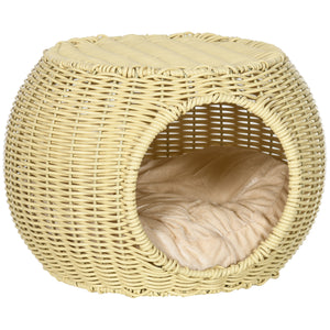 EasyComfort Casetta per Gatti a 2 Livelli in Rattan PE con Cuscino Lavabile, Ø40x30 cm, Beige