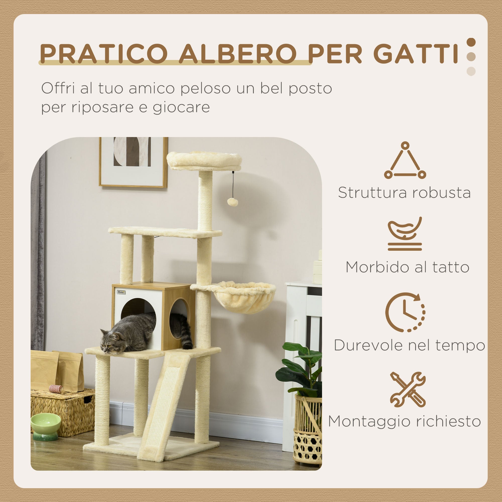 Easycomfort Albero per Gatti con Casetta, Tiragraffi per Gatti, Posatoio e Paletto, 48.5x48.5x141.5 cm, Beige