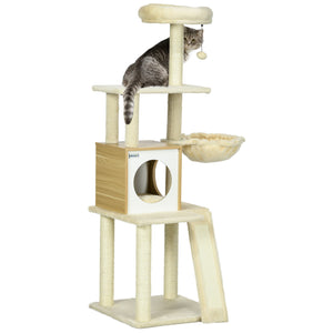 Easycomfort Albero per Gatti con Casetta, Tiragraffi per Gatti, Posatoio e Paletto, 48.5x48.5x141.5 cm, Beige