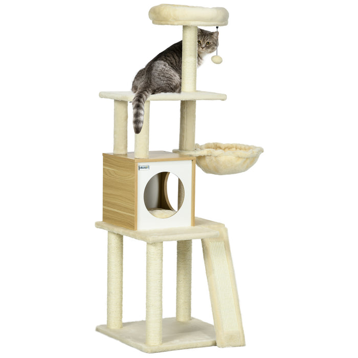 Easycomfort Albero per Gatti con Casetta, Tiragraffi per Gatti, Posatoio e Paletto, 48.5x48.5x141.5 cm, Beige