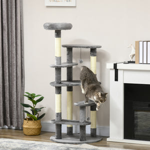 Easycomfort Albero Tiragraffi per Gatti con Pali in Sisal, Lettino con Cuscino e Pallina, Ø60x136cm, Grigio