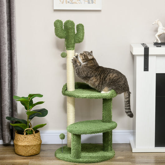 Easycomfort Albero per Gatti a forma di Cactus con Tiragraffi e 2 Palline da Gioco, 35x31x55.5 cm, Verde e Bianco